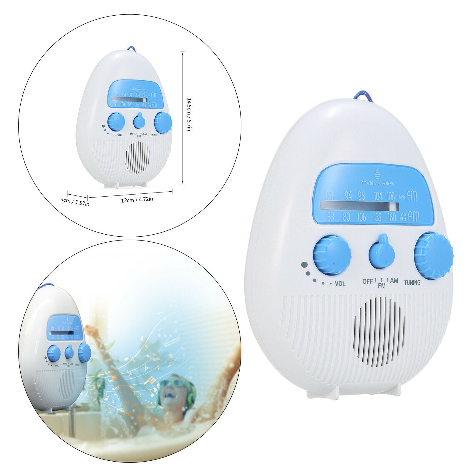 Portable Shower Radio Electronic Button Adjustable Volume IPX4 For Kitchen