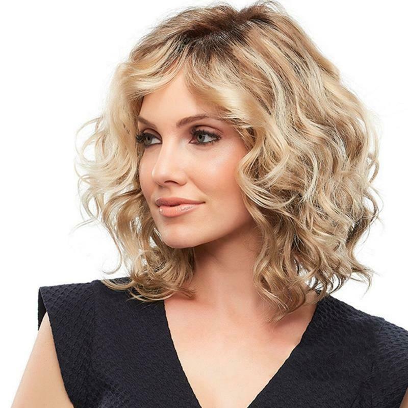 Women Fashion Short Blonde Curly Wigs Side Part Wavy Hair Shoulder Length Casual