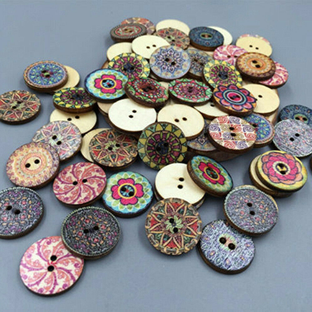50pcs Mixed Retro Wood Handmade 2 Holes Wooden Button Sewing Scrapbooking Lots