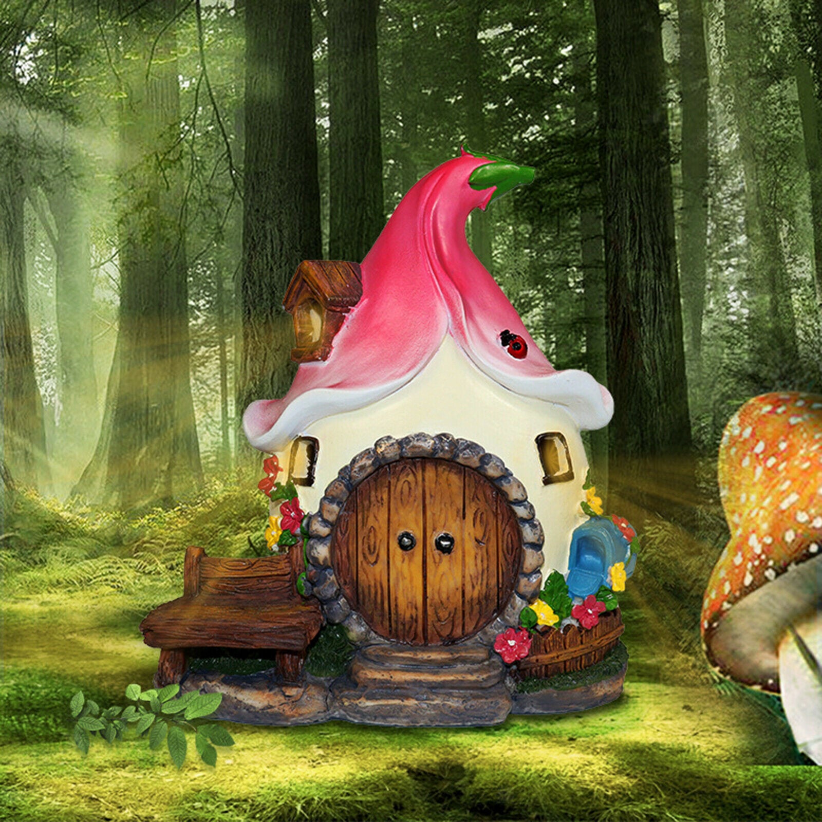 Mini Solar Power Lighted Fairy House Statue Outdoor Fairy Garden Ornament
