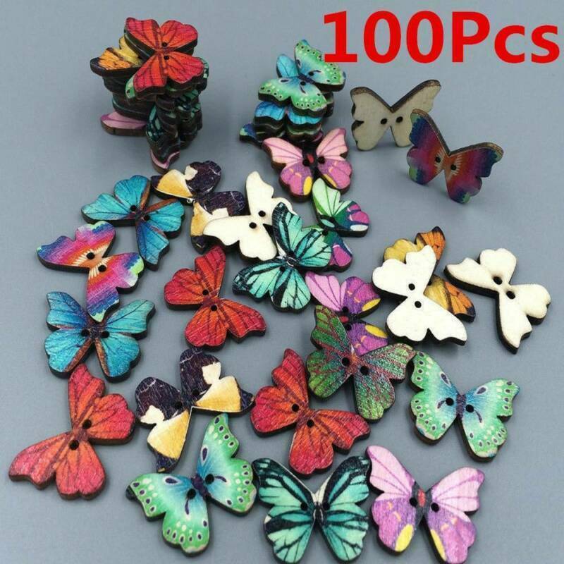 100 Pcs Butterfly Wooden Button Sewing DIY Scrapbooking Flatback 2 Holes Buttons