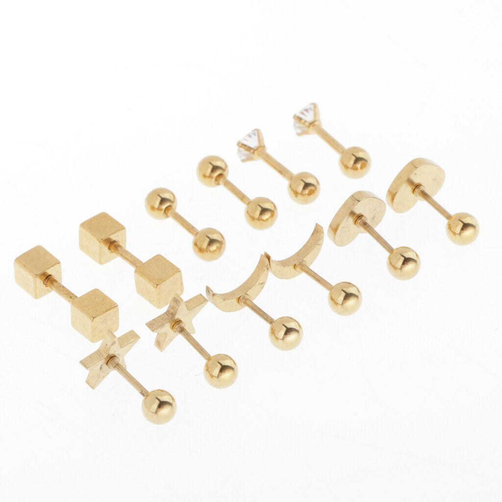 6 Pairs Women Stainless Steel Screw Back Earrings Star Heart Ear Studs
