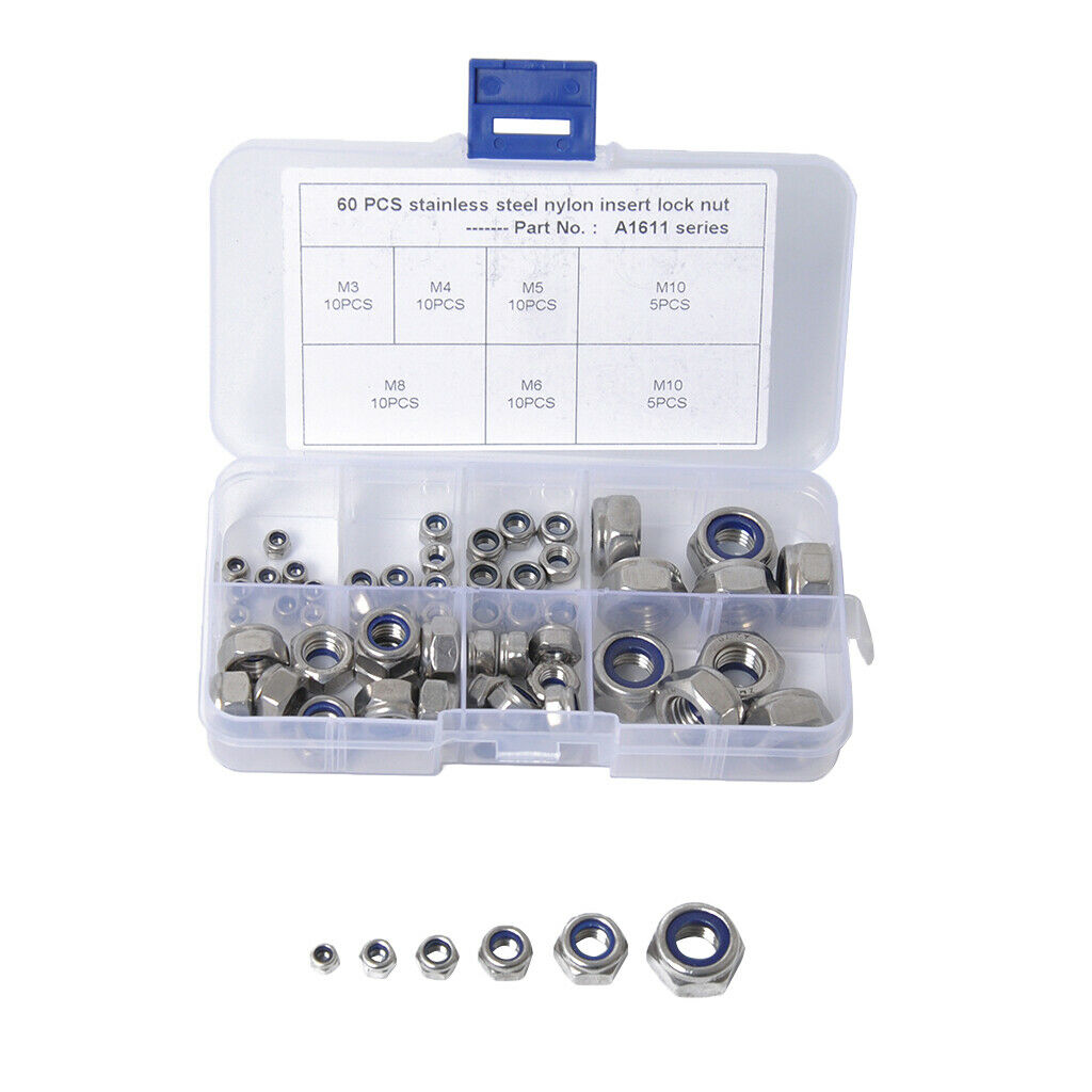 Set Of 60 Stainless Steel M3 M4 M5 M6 M8 M10 Nylock Insert Lock Hex Nuts