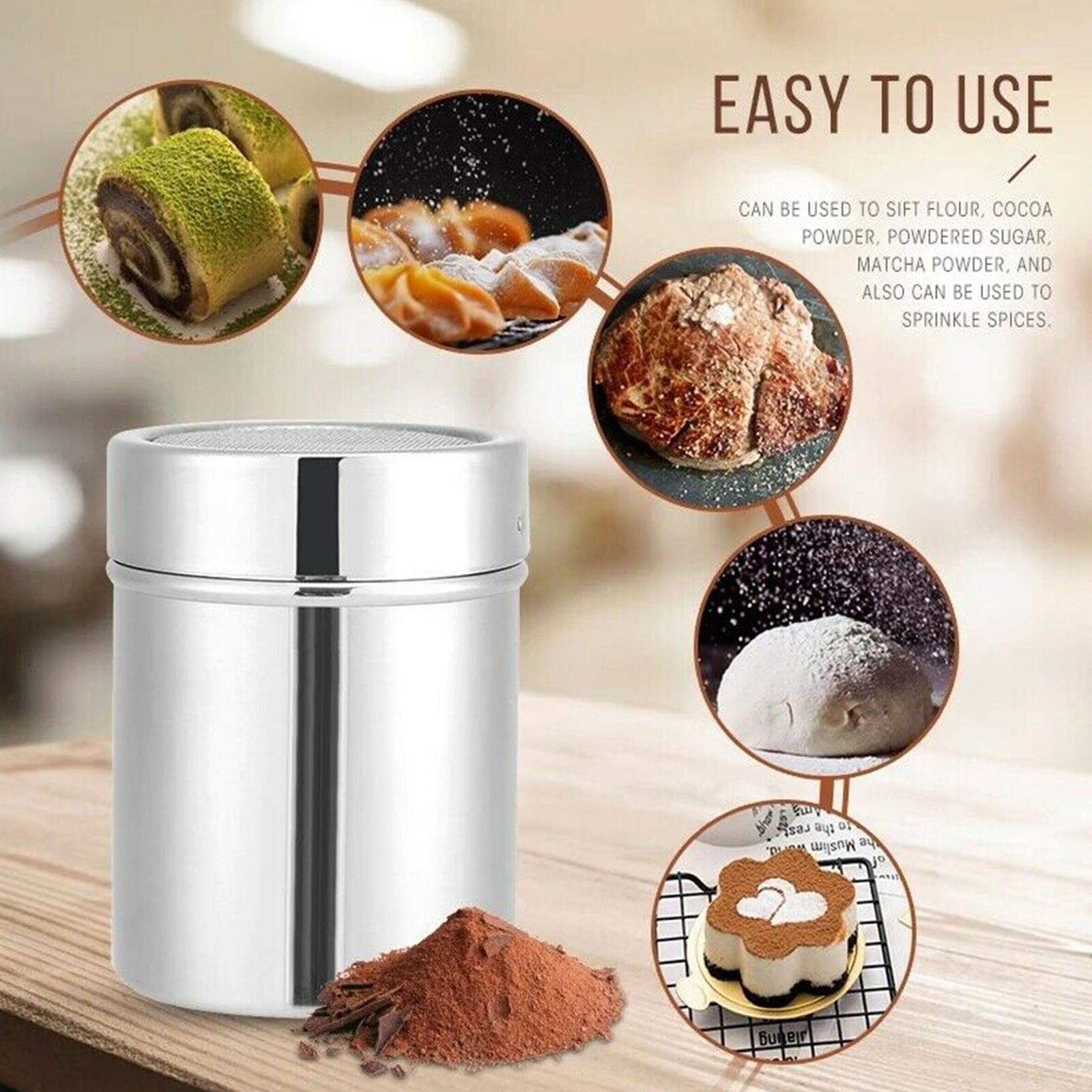 Stainless Steel Chocolate Shaker Powder Sprinkler Flour Coffee Cocoa Sifter