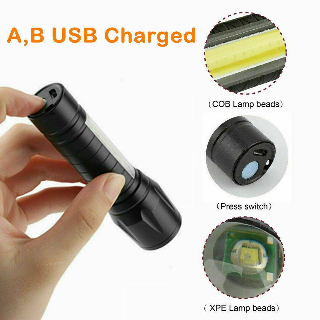 New T6 COB Zoomable Light Lamp Torch with LED Flashlight USB Rechargeable