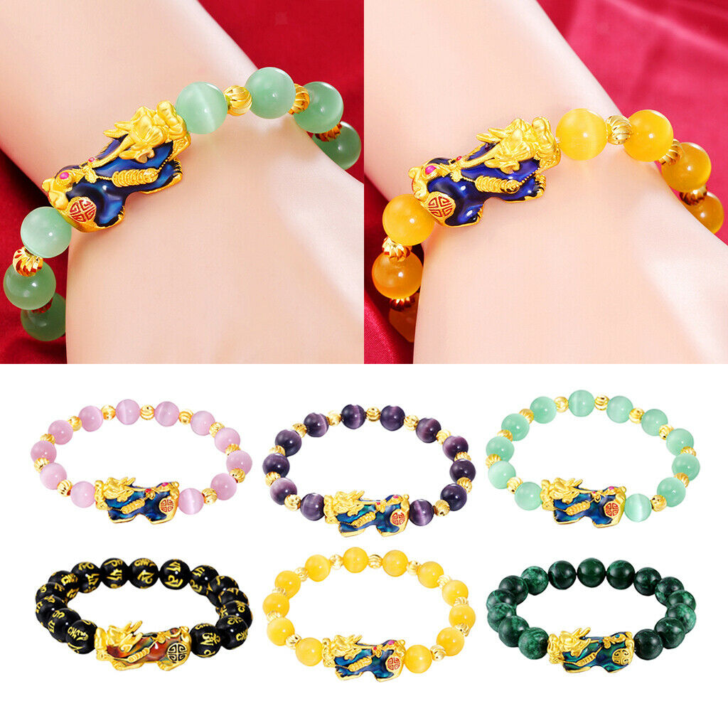 Feng Shui Black Obsidian Pixiu Charms Bracelet Jewelry Elastic Black