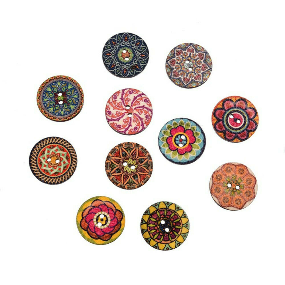 50pcs Mixed Retro Wood Handmade 2 Holes Wooden Button Sewing Scrapbooking Lots