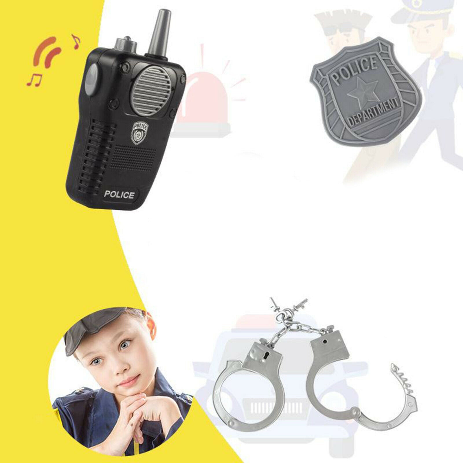 4x Kid's Dress up Policeman Vest Costume with Walkie Talkie Badge Handcuffs