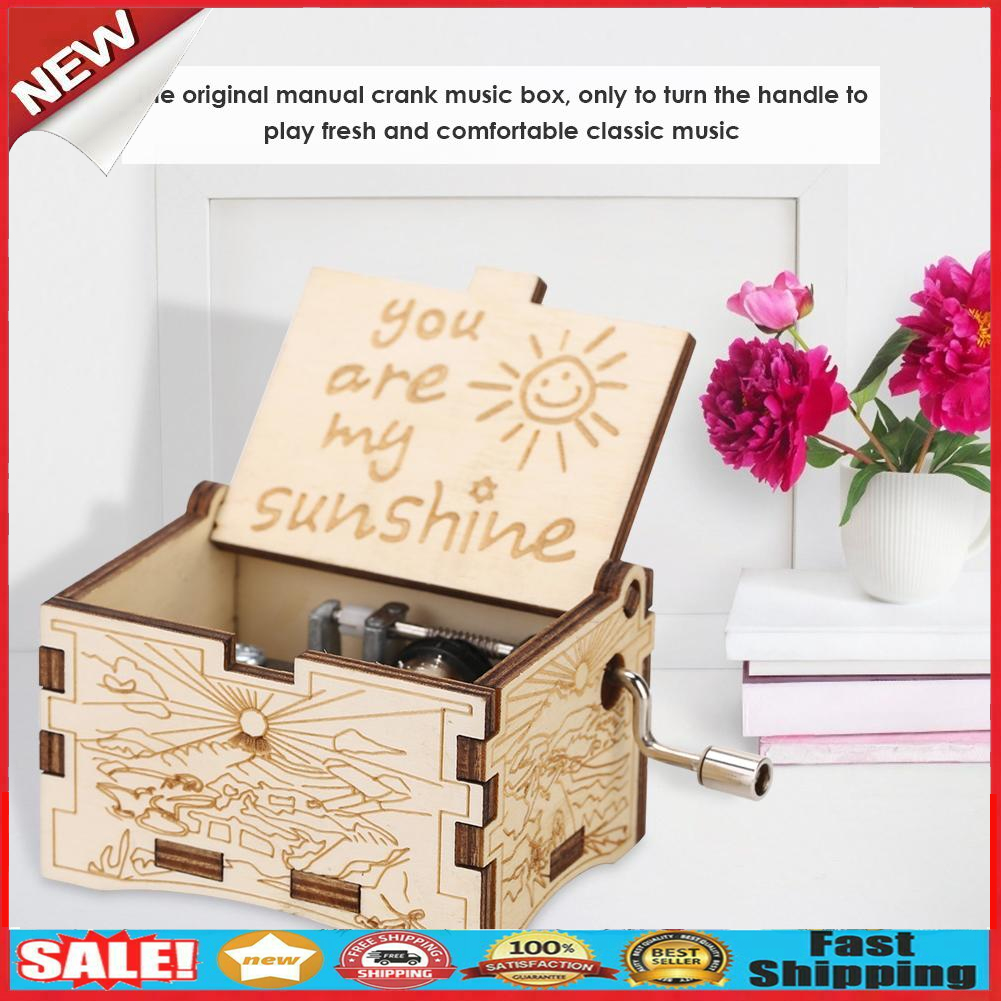 Retro Carved Wooden Manual Music Box Hand Cranked Birthday Gift Ornaments @