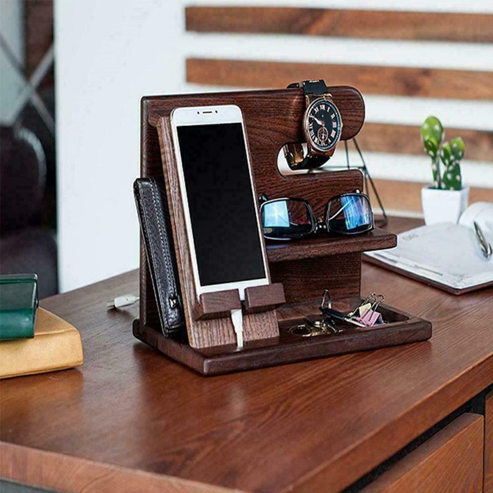 Wood Phone Docking Station Key Holder Wallet Stand Organizer 7T6T J5G Watch W3D8