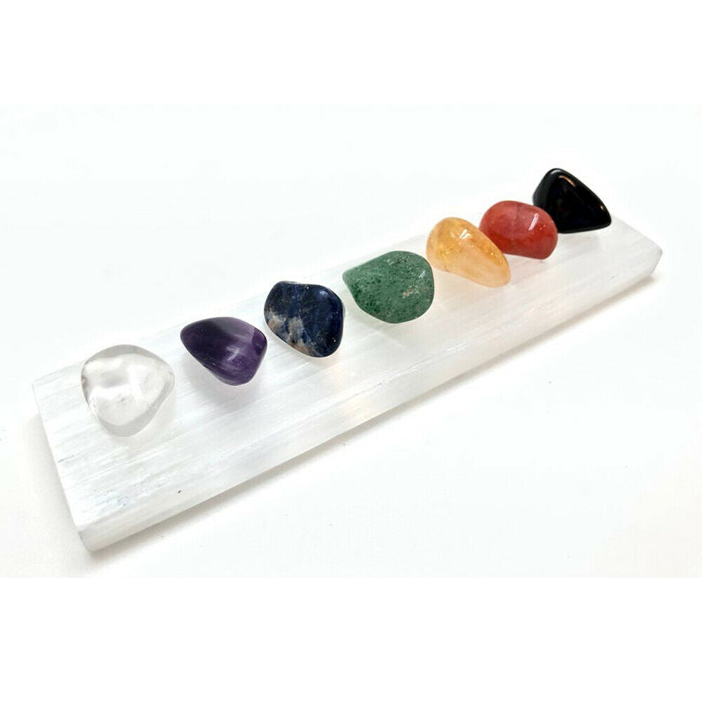 7 Chakra Stones Chunks Set With Selenite Charging Plate & Chakra Healing Guide
