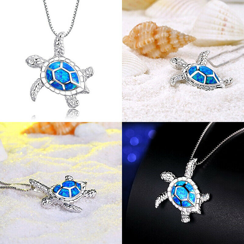 Blue Opal Sea Turtle Pendant Necklace Women Beach Chain Choker Jewellery Gift HN
