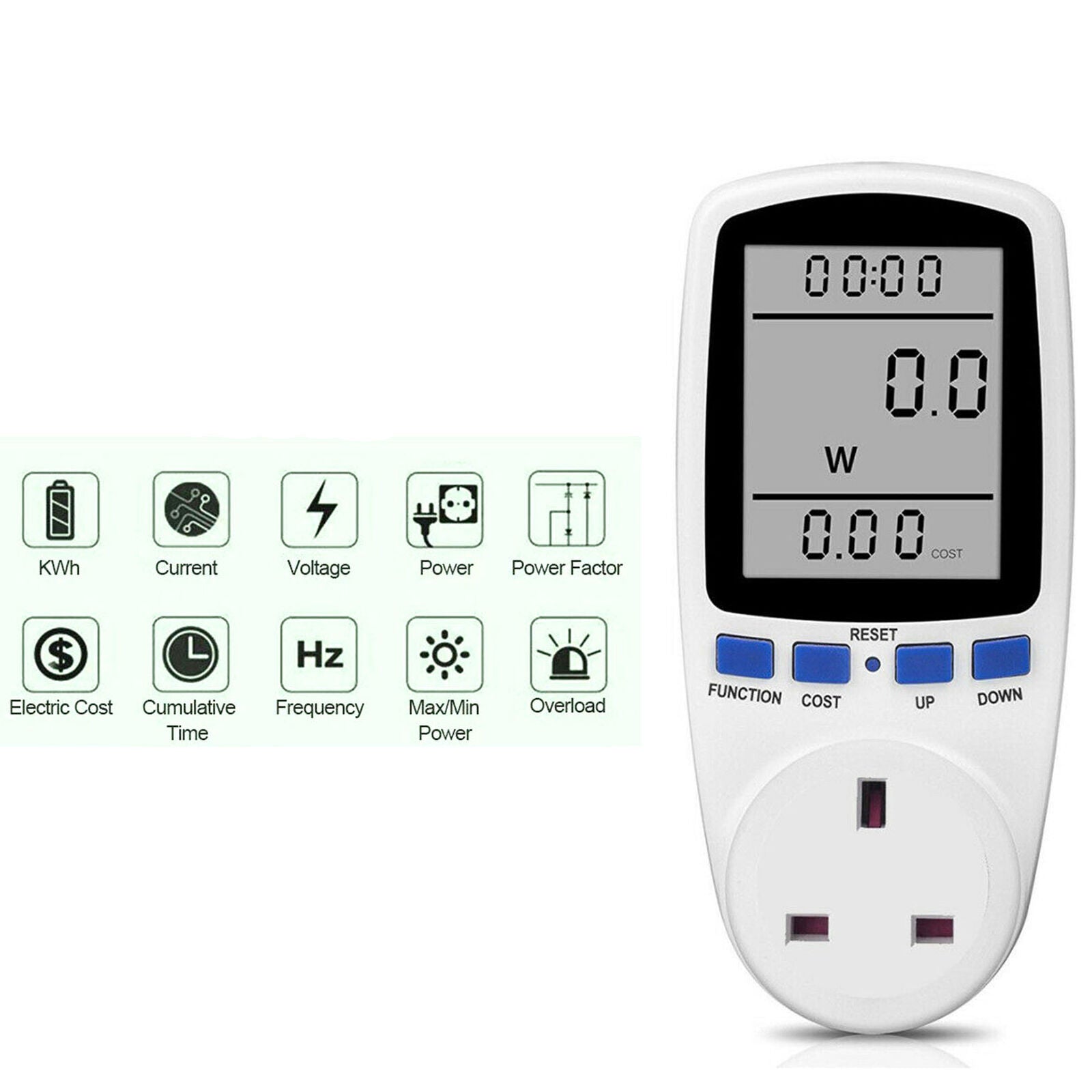 UK Plug-in Electricity Power Consumption Meter Energy Monitor Watt Kwh Analyzer