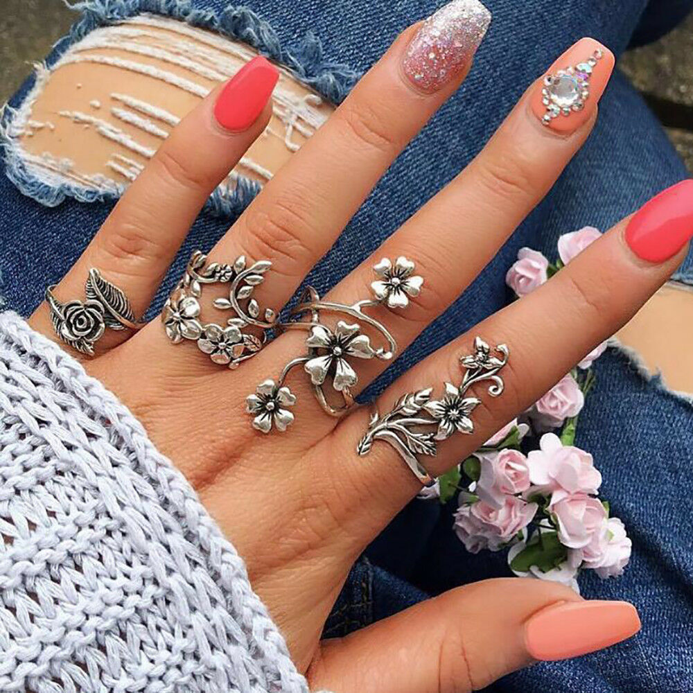 4Pcs/Set Retro Flower Leaves Midi Finger Knuckle Rings Kit Boho Fashion Jewelry