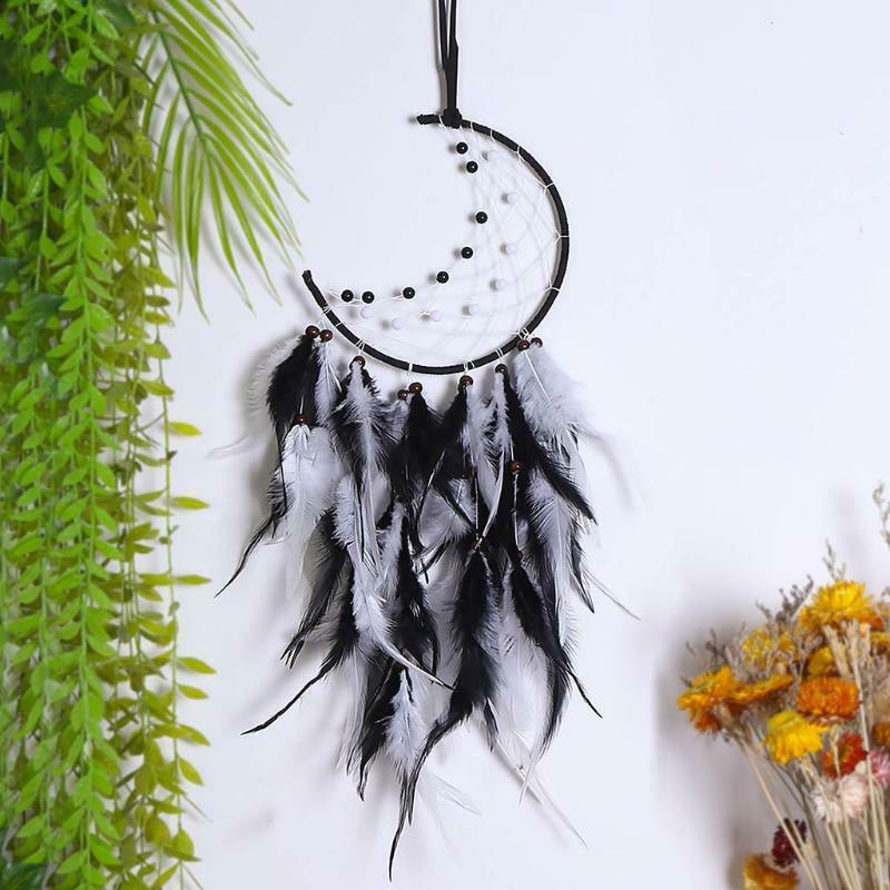 Moon Dream Catcher Handmade Feather Bead Wall Hanging Ornament for Kids Bedroom