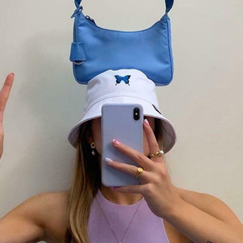 Unisex Summer Butterfly Embroidered Bucket Hat Harajuku Sunscreen Fisherman Cap