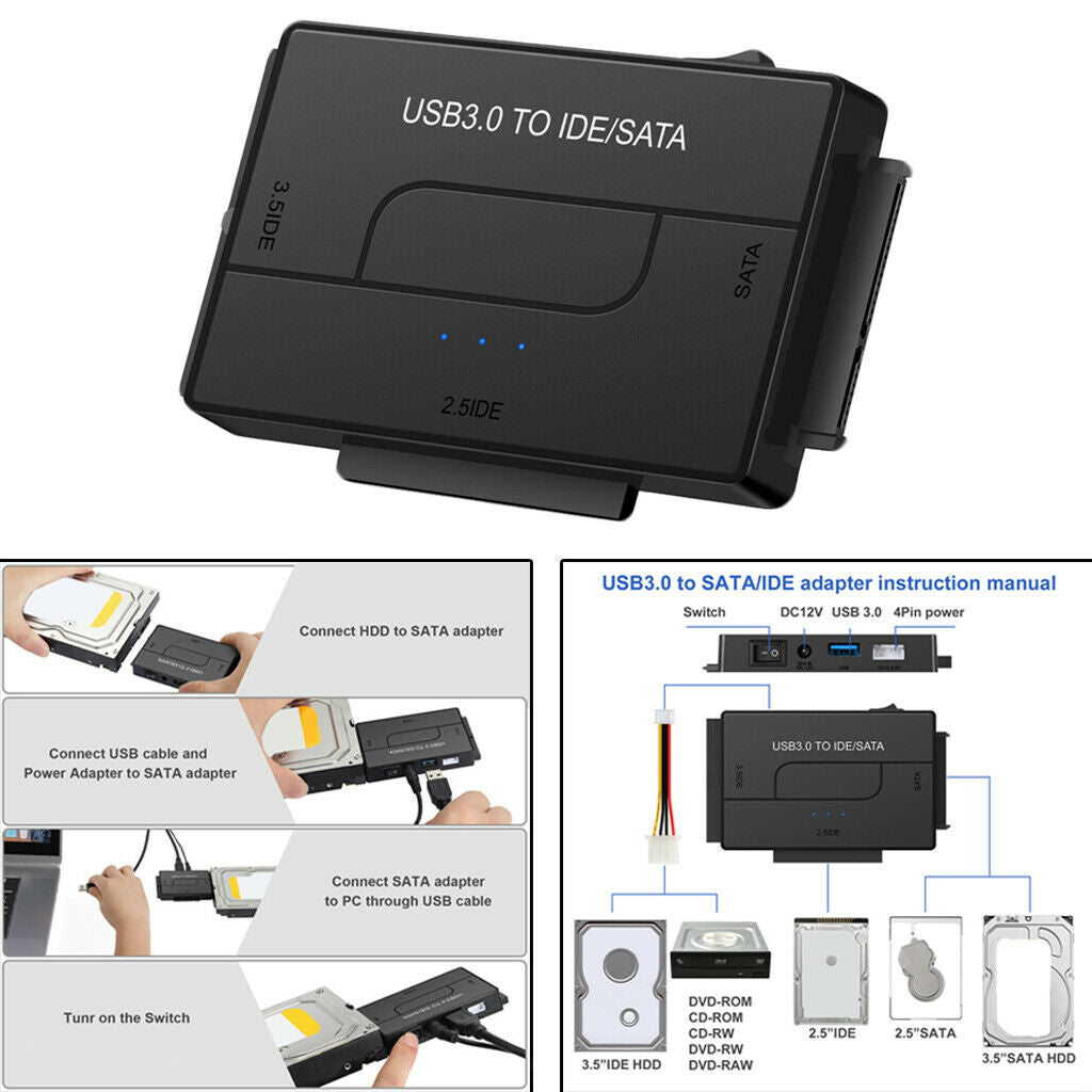 3-In-1 SATA/IDE to USB 3.0 Adapter for 2.5"/3.5" Inch IDE and SATA HDD SSD