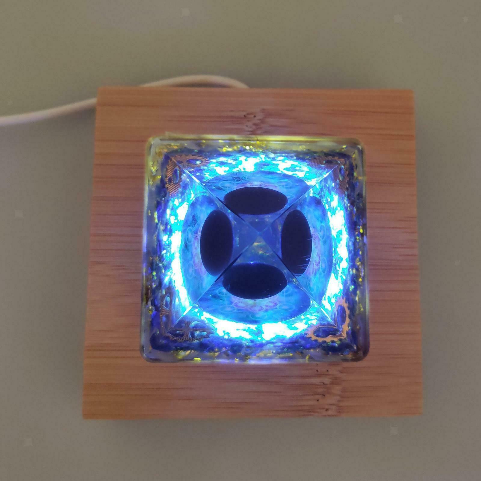Orgone Pyramid Energy Generator w/ LED Light Base Natural Blue Crystal Stone