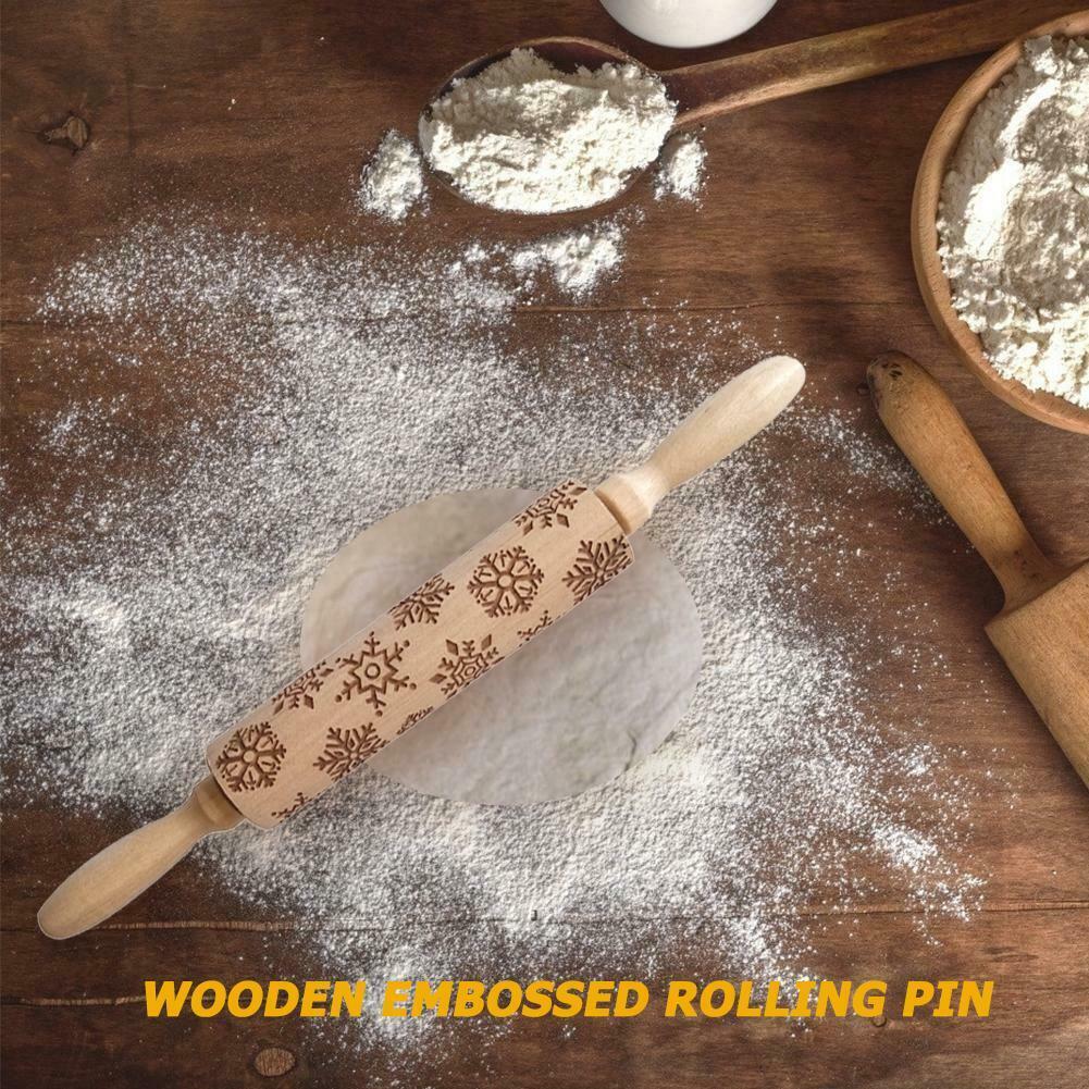 Wood Christmas Gift Embossed Rolling Pins Embossing Baking Cookies Tool @