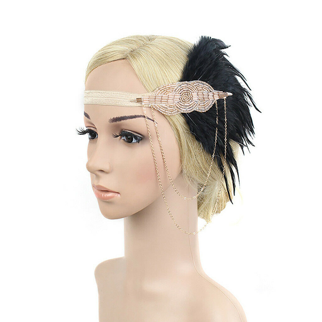 Feather Tassel Beads Flapper Headband 1920s Charleston Headpiece Champagne 2