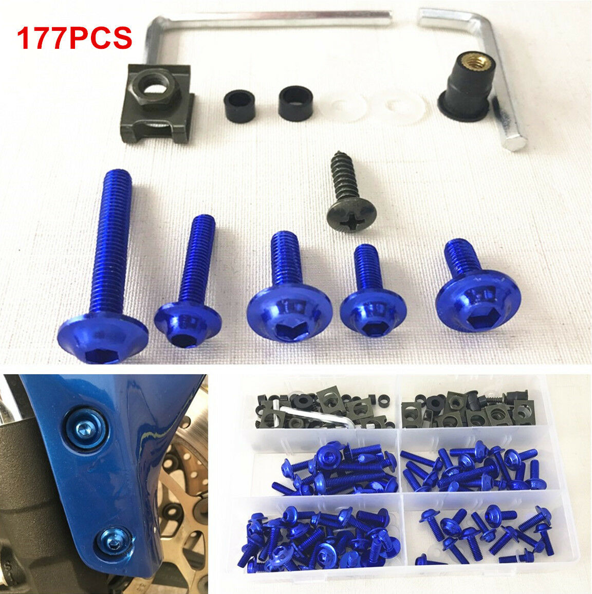 177 Pcs Durable Motorcycle Bodywork Fairing Bolts Kit Fastener Clips Screw Blue