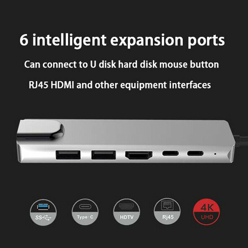 6 in 1 USB Hub Type C to Multi USB 3.0 HDMI 1000Mbps RJ45 Adapter Splitter G TL