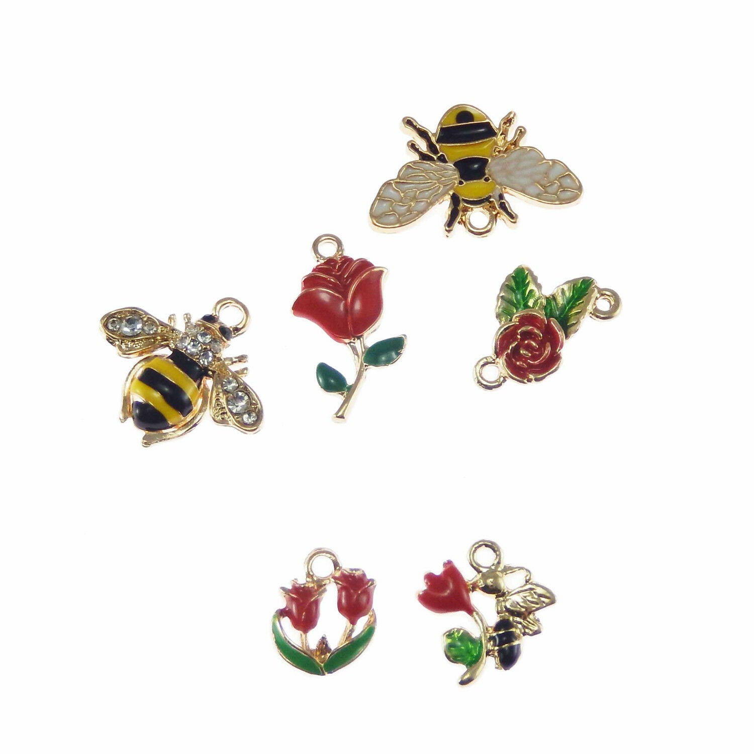 Lot of 6 Mix Enamel Plated Metal Flowers and Honey Bees Charm Pendant Findings
