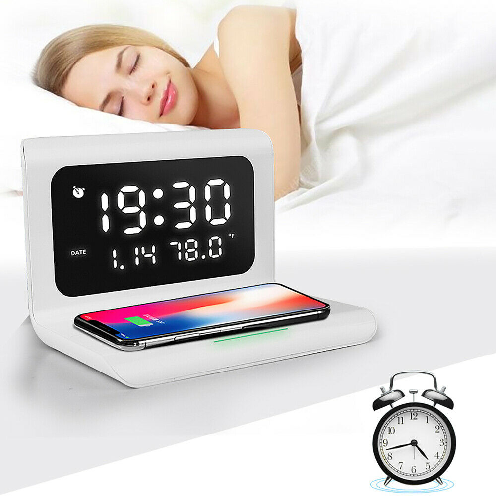 Multifunctional Alarm Clock Wireless Charger LED Display Digital Clock White