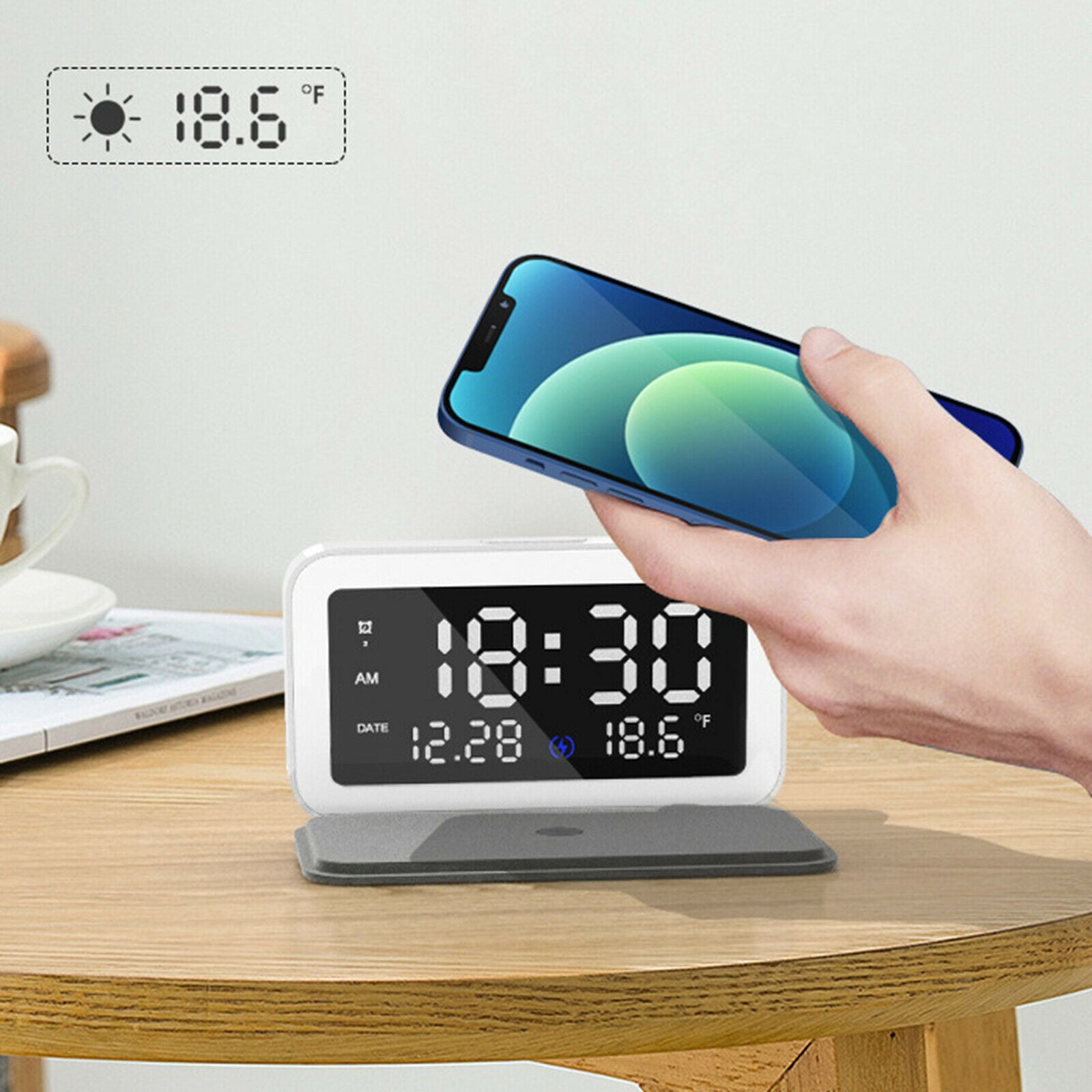 Modern Digital LED Desk Alarm Clock Thermometer 15W Qi Wireless Charger