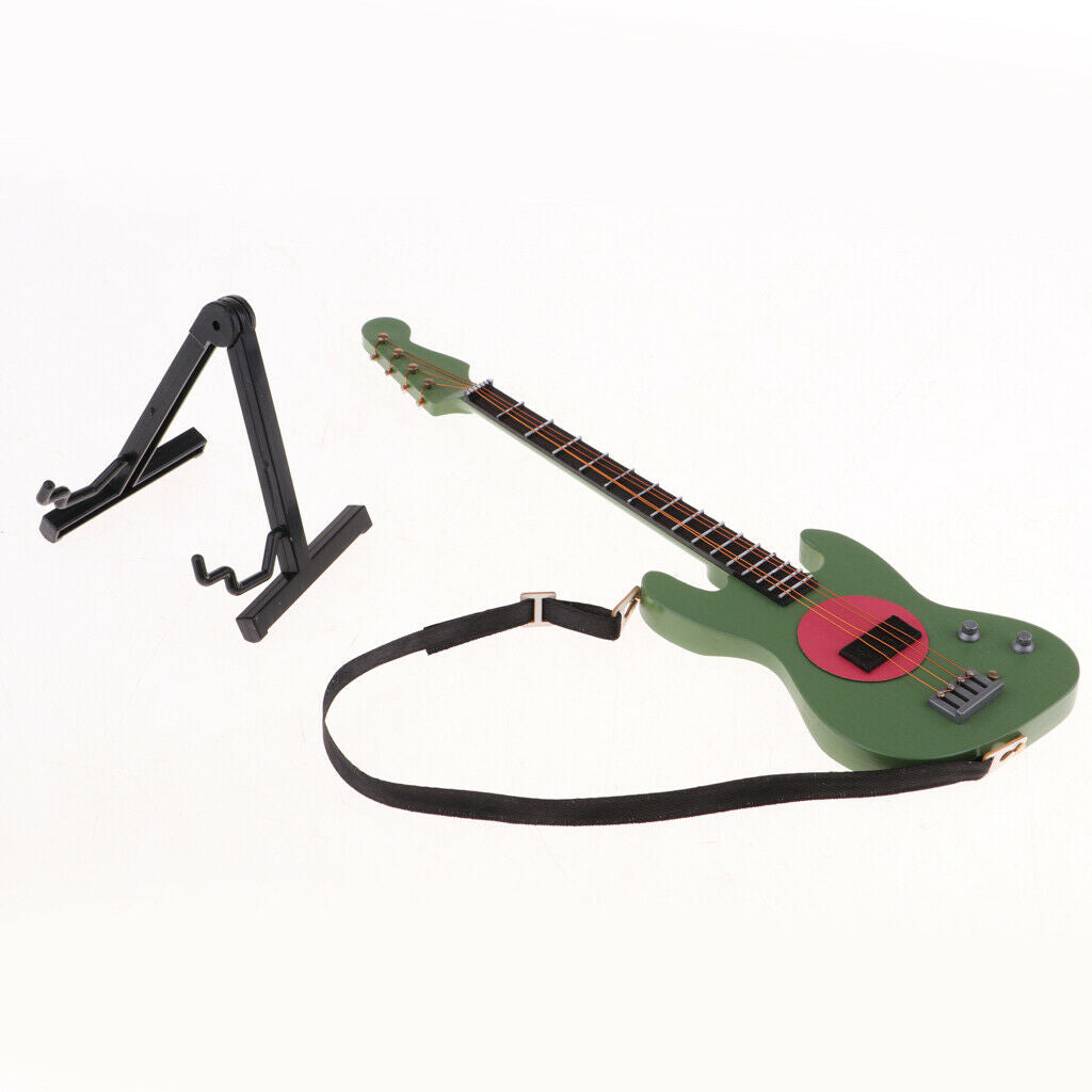 Handmade Wooden Electric Mini Bass with Stand for 1/6