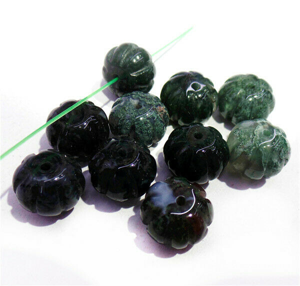 20Pcs 12x9mm Natural Moss Agate Carved Pumpkin Spacer Beads Halloween DIY HH8426