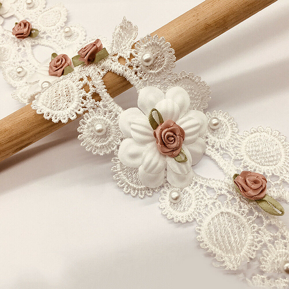 1yd Rose Flower Beaded Lace Trim Water-soluble Polyester Handmade Clothing Decor