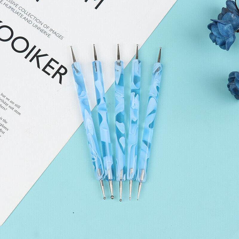 5Pcs/Pack 2 way Blue Dotting Marbleizing Painting Pens Nail Art Dot ToolsFCA