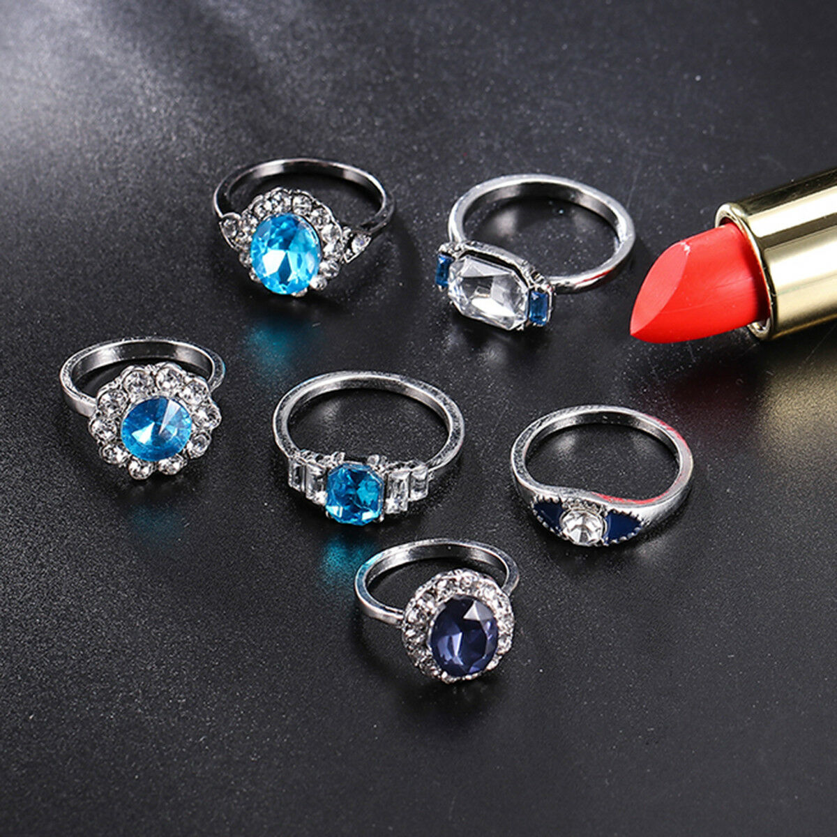 11 Pcs/set Women Blue Sapphire Geometry Round Water Drops Flower Ring Set