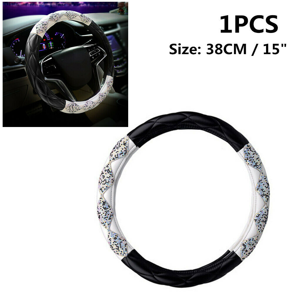 1PCS Car SUV Truck Steering Wheel Cover 38cm/15" Deluxe PU Leather Bling Diamond