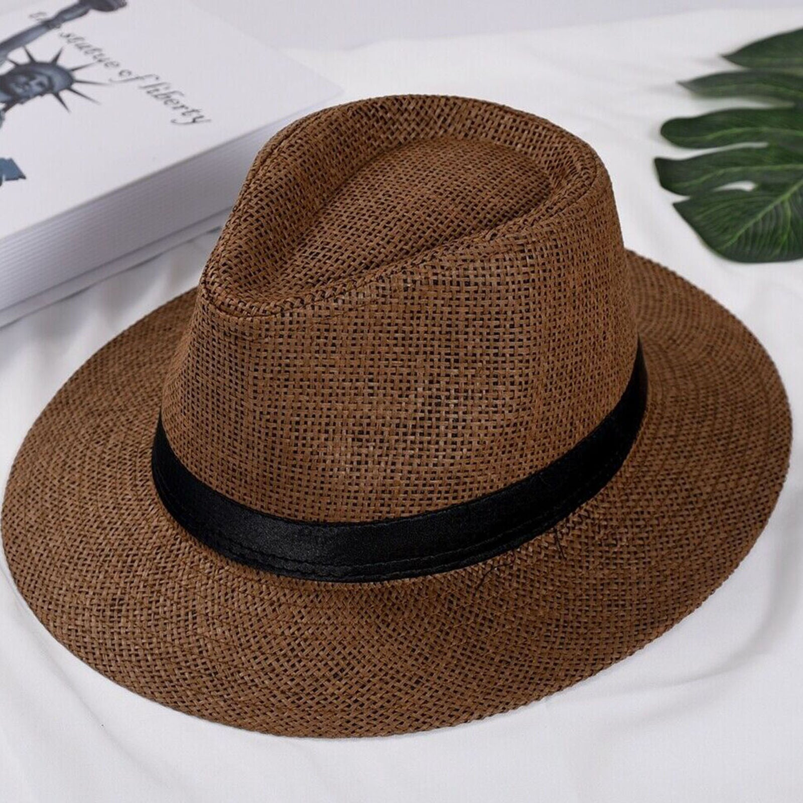 Unisex Man Summer Trilby Gangster Cap Beach Sun Straw Hat Band Sunhat Panama Hat