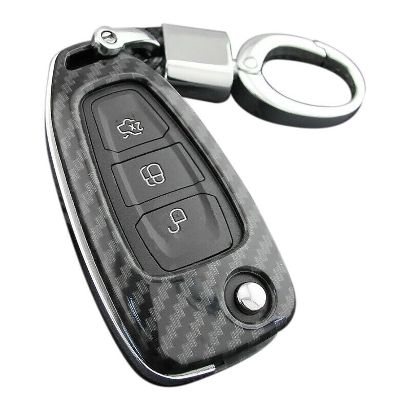 for Ford Focus 2012-2018 Car Carbon Fiber Smart Key Cover Case with Key Chain J4