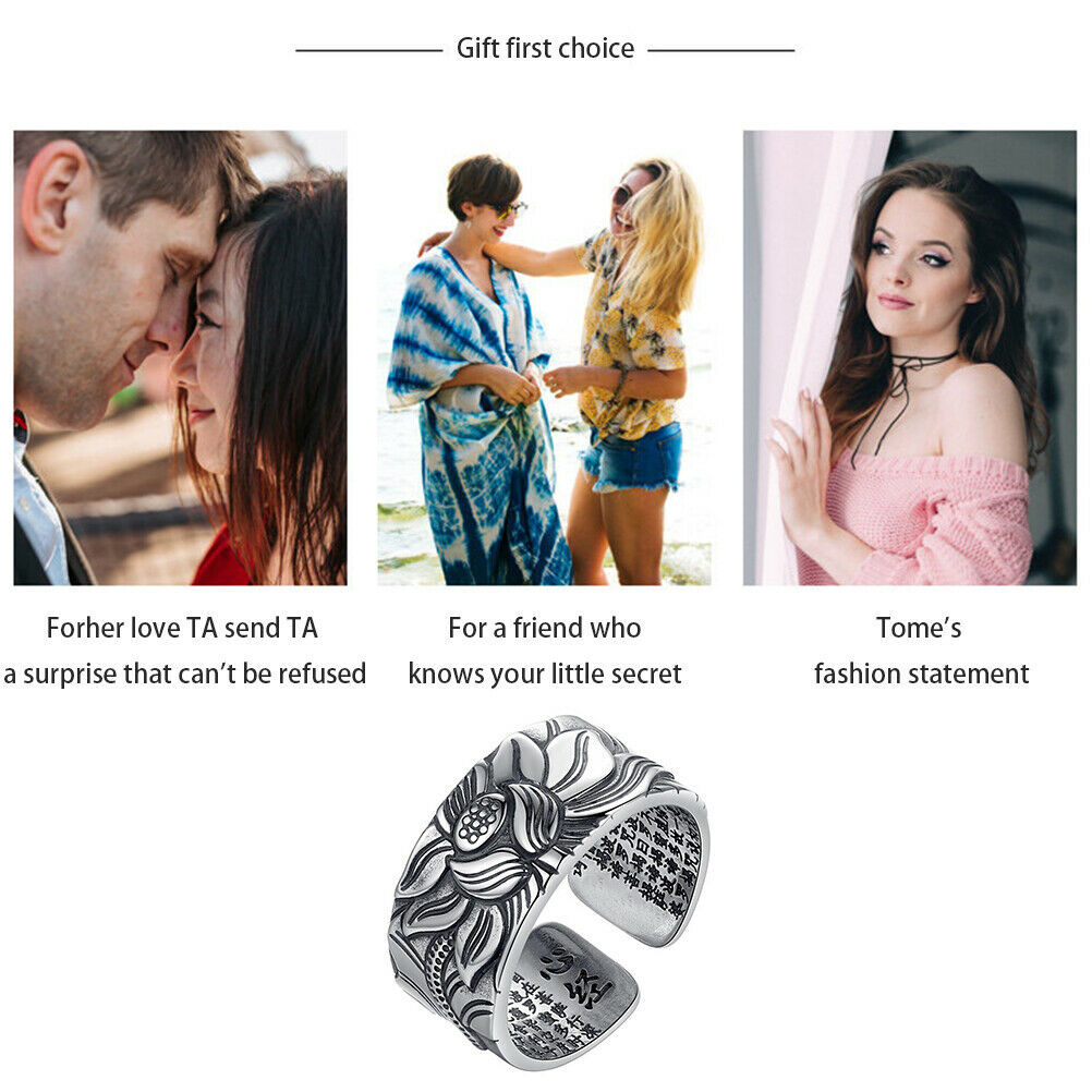 Retro Lotus Ring Prajna Paramita Lotus Flower Open Ring for Men and Women Gift