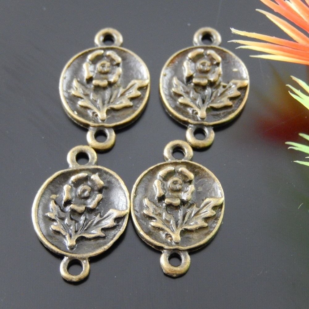 40pcs Antiqued Bronze Alloy Flower Pattern Round Connector Pendant Jewelry Craft