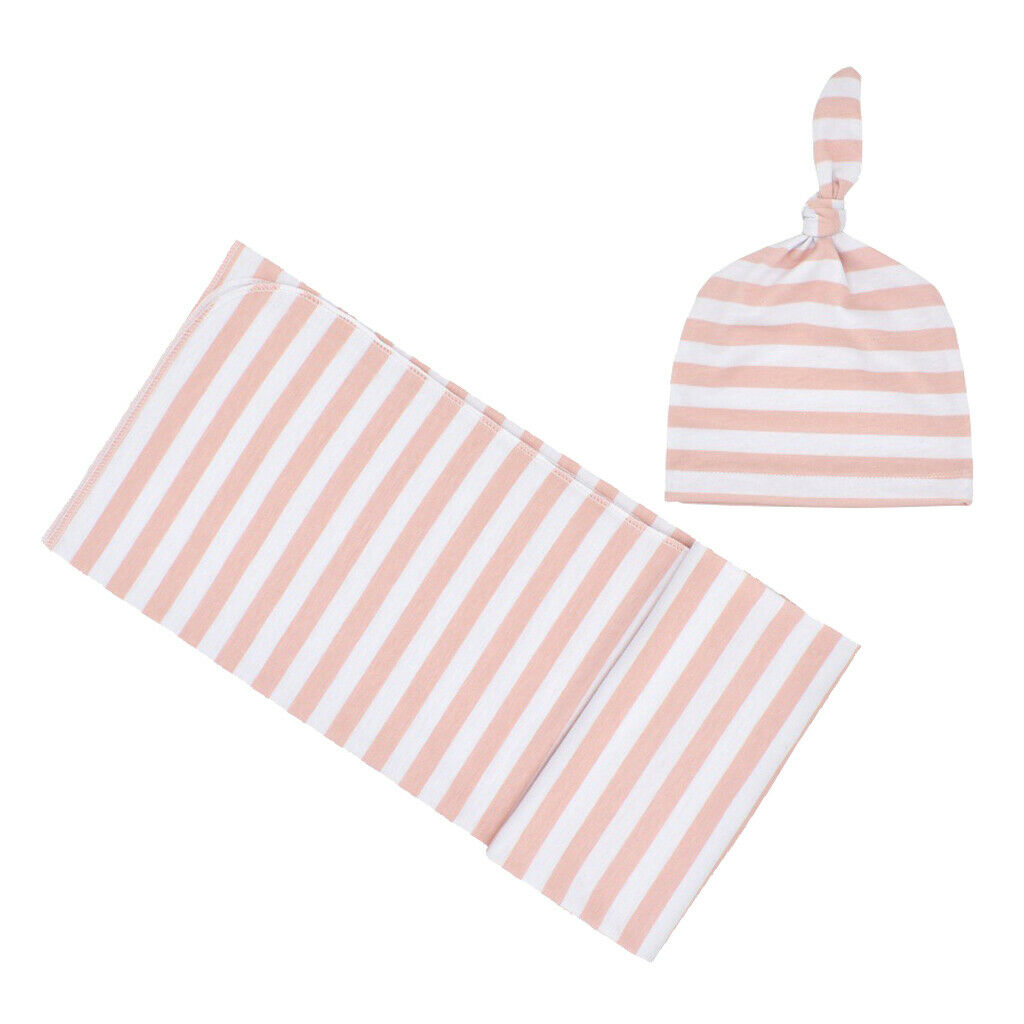Newborn baby striped swaddle sleeping bag with hat set pink