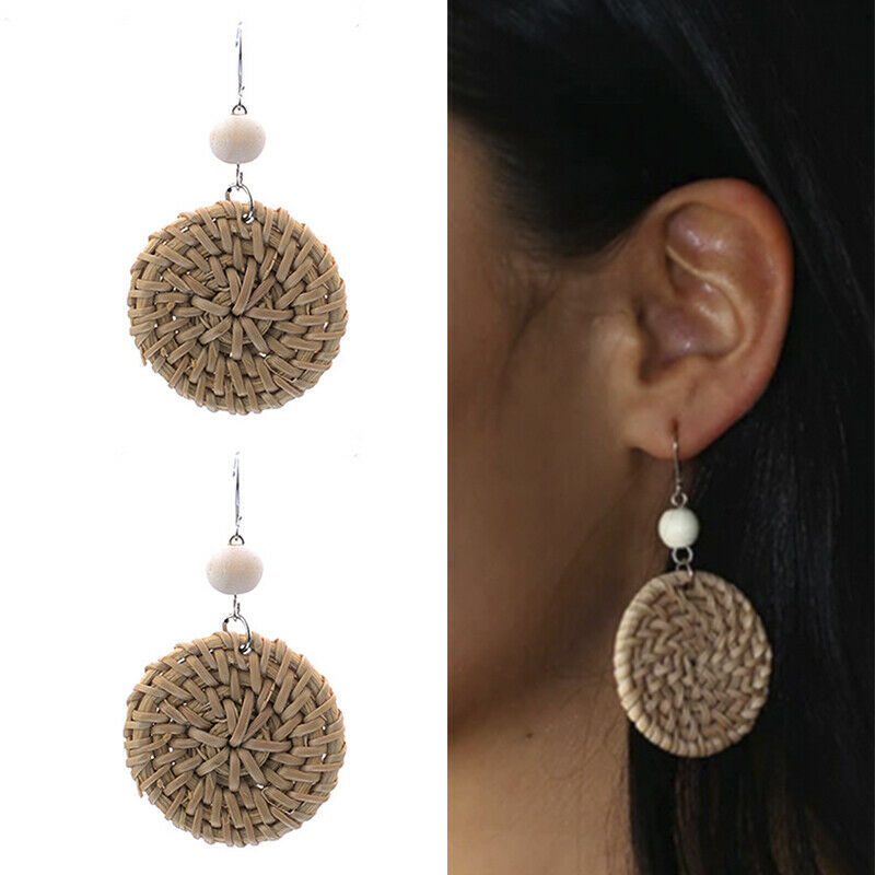 Fashion Boho Straw Rattan Woven Earrings Geometric Dangle Ear Stud Jewelr.l8