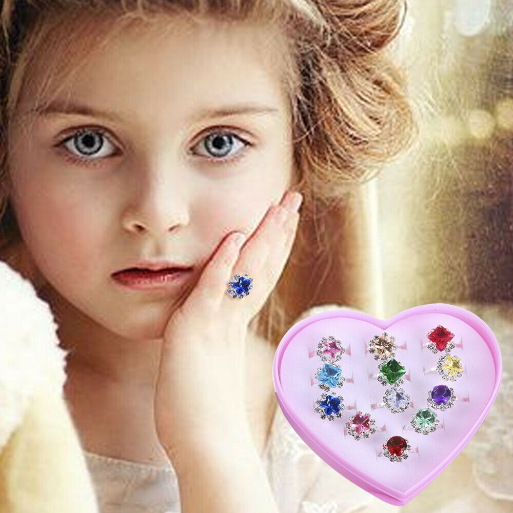 12*Kids Child Diamate Ring Set Adjustable Crystal Rings Costume Jewelry w/Box US