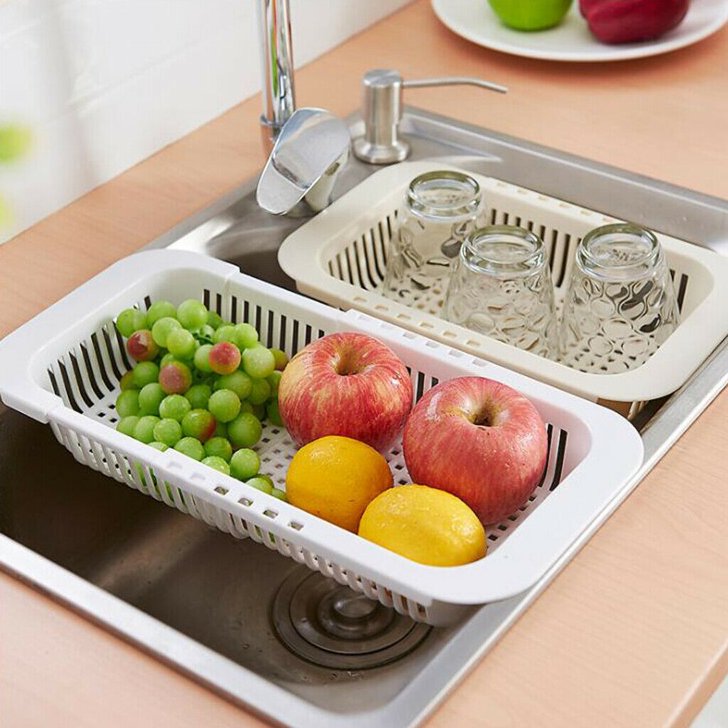 Dish Rack Over Sink Adjustable Holder Utensil Drainer Organizer Fruit white
