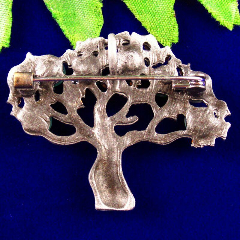 Green Agate Beads Rhinestone Alloy Enamel Tree of Life Pendant Brooch BL-38