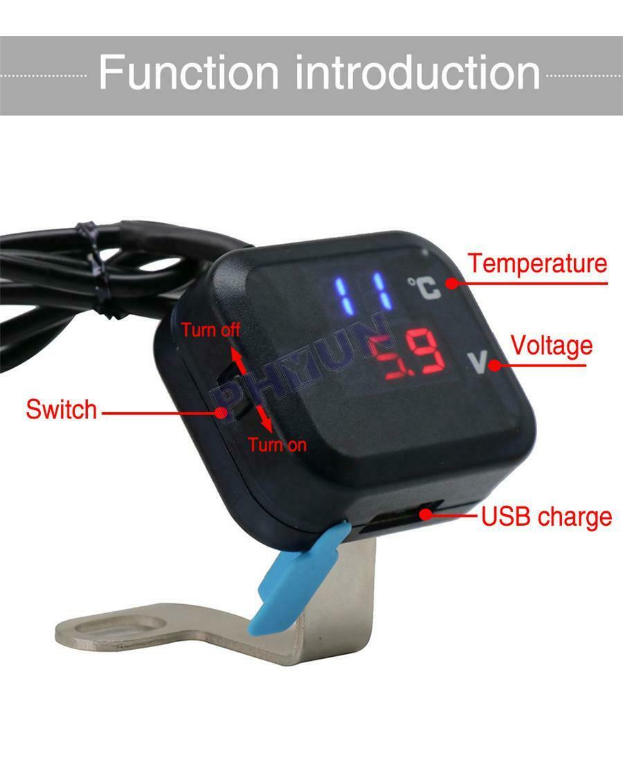 Motorcycle Thermometer Voltage Temp Gauge Blue Red Display w/ USB Phone Charger