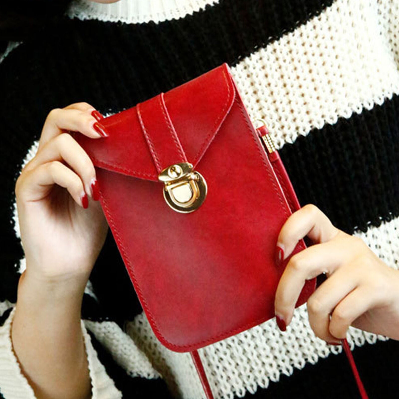 Women PU Leather Mobile Phone Pouch With Clear Window Change Bag