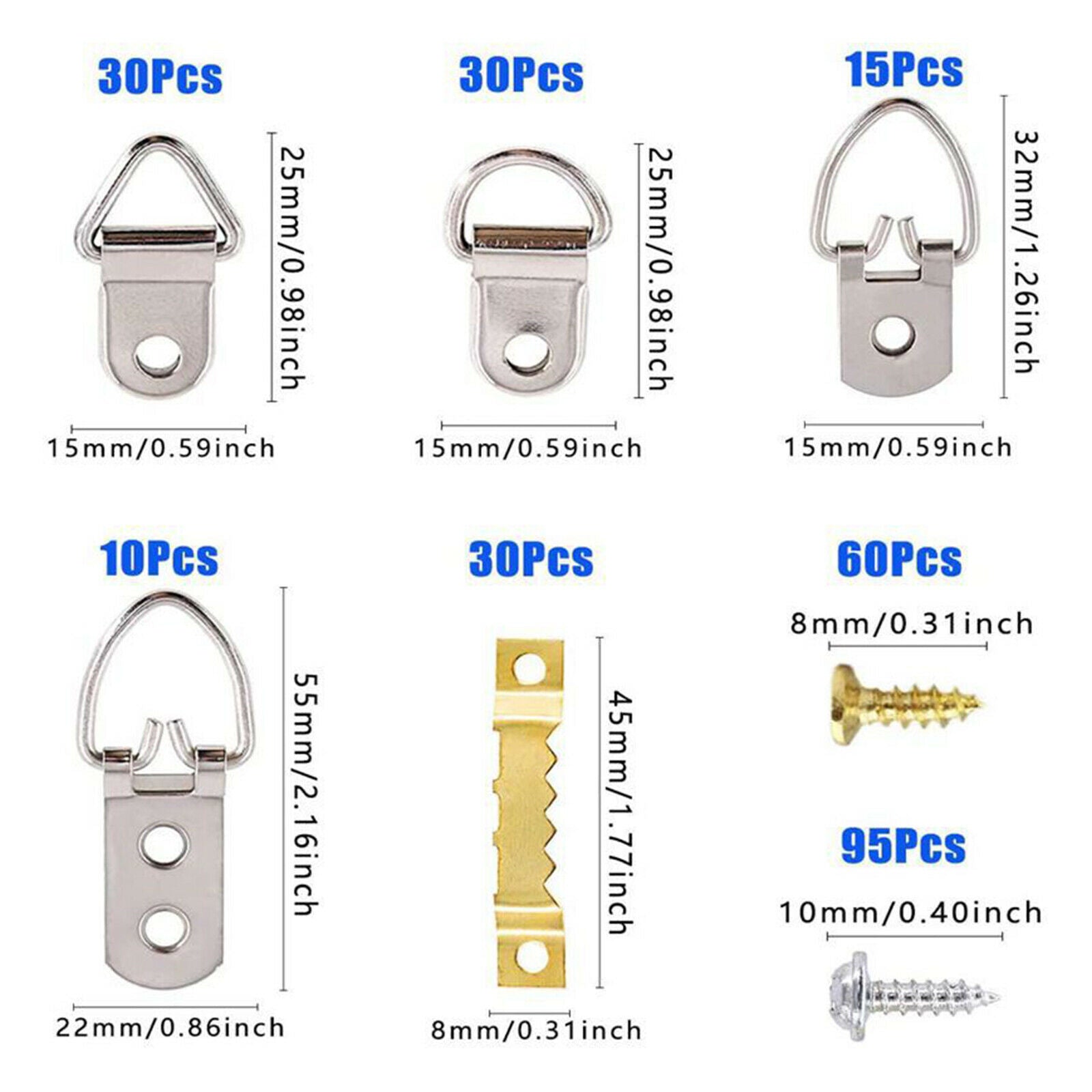 270Pack Assorted D- Picture Frame Hangers Heavy Duty Art Hanging Hooks