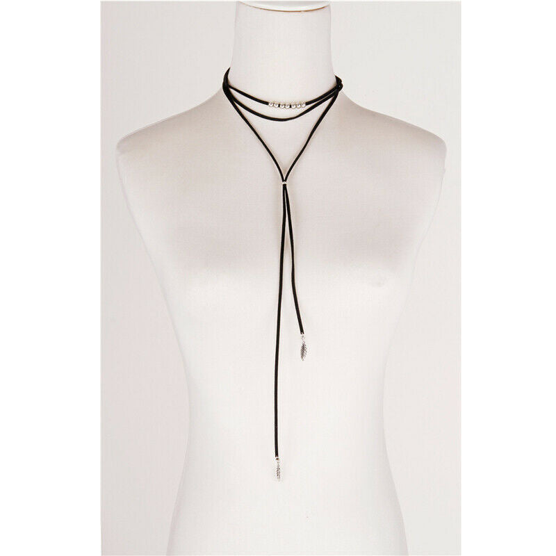 Boho Gothic Velvet Double Layers Beads Leaf Pendant Choker Long Necklace