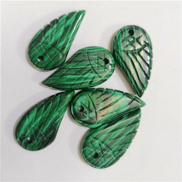 6Pcs 30x16x5mm Green Malachite Carved Angel Wing Pendant Bead Charms Gem HH9455