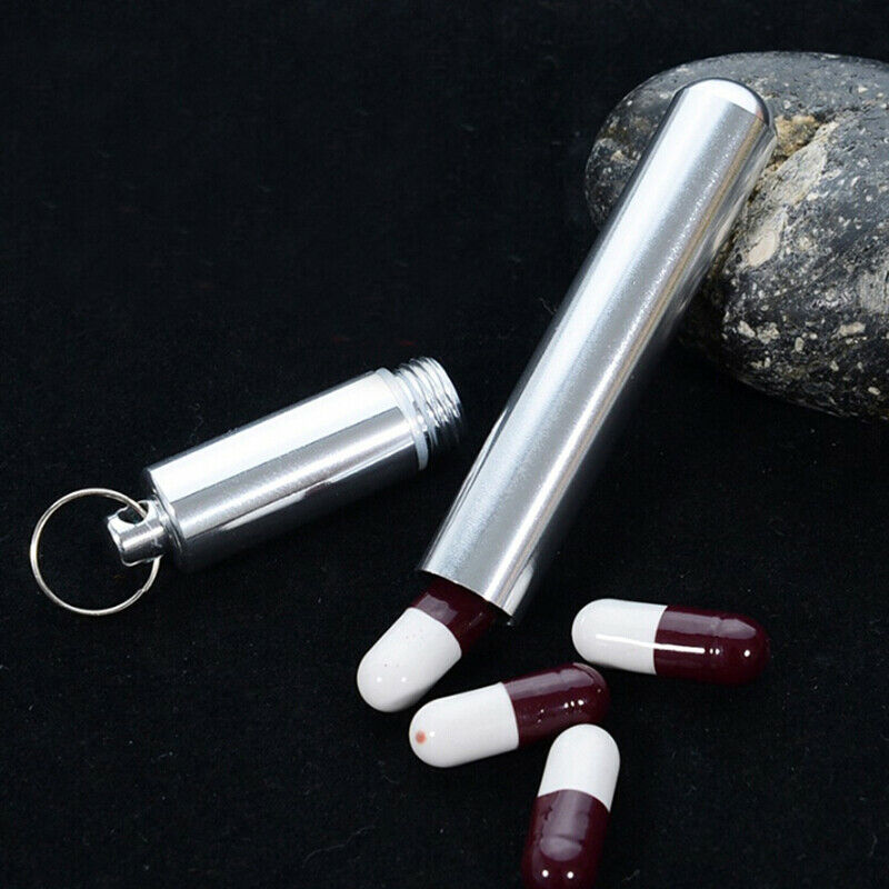 Aluminum Pill Box Case Capsule Shape Keychain Outdoor Waterproof Pill Box.l8